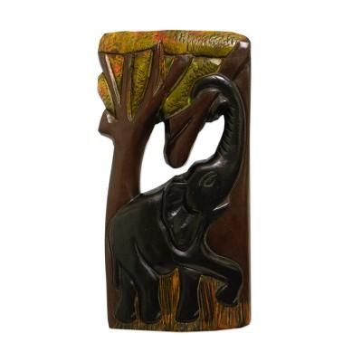 Aboa Kese,'Hand-Carved Elephant-Themed Sese Wood Wall Art'