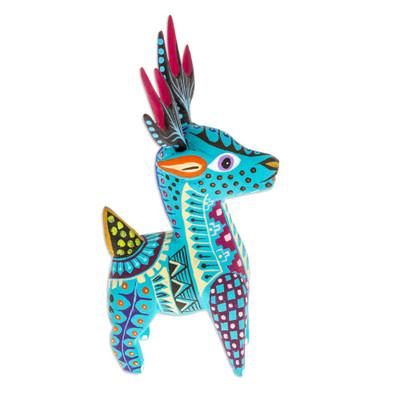 Charming Turquoise Deer,'Copal Wood Alebrije Deer Figurine Painted in Turquoise Hues'