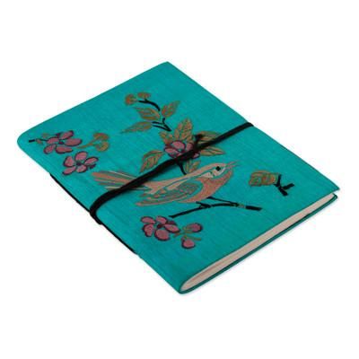 'Bird-Themed Turquoise Rayon-Embroidered Journal from India'