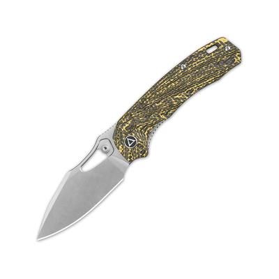 QSP Knife Hornbill Folding Knife 4.25in Closed 3.25in Stonewash S35VN Stainless Steel Blade Golden Carbon Fiber Handle QS146-A1