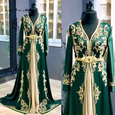 Ange Personnalisé Vert Caftan Marocain Sirène Robe de Soirée, Musulman, Manches sulf, Dentelle Clip Perlé, Robe de Bal, Dubaï, Formel