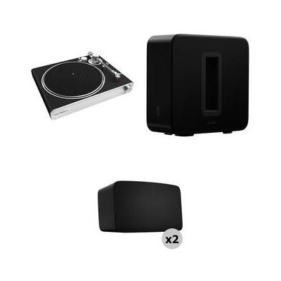 Victrola Stream Carbon Turntable with a Pair of Black Sonos Five Speakers and Sonos VPT-3000-BSL