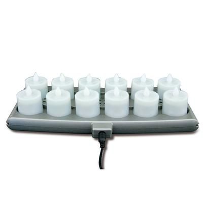 Hollowick HFRP12-A 1 1/2" Round LED Flameless Votive Candles Set w/ Charging Tray - 2 3/10" H, Amber Flame