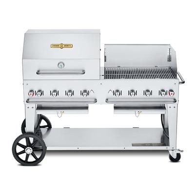 Crown Verity CV-MCB-60RWP-NG 58" Mobile Gas Commercial Outdoor Charbroiler w/ Roll Dome & Wind Guard, Natural Gas, Stainless Steel, Gas Type: NG