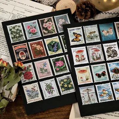 Yoofun 46pcs/pack Vintage Stickers Postage Stamp Sticker Retro Museum Flower Plants Castle Label for Scrapbooking Journal DIY