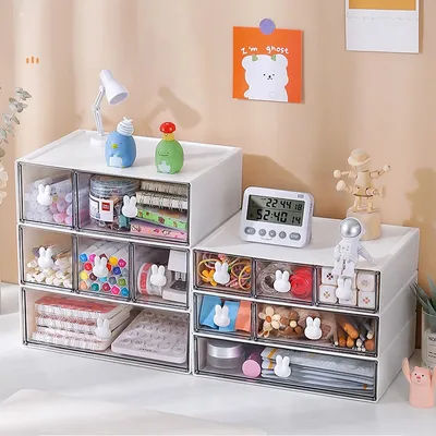 Rabbit Desktop Storage Boxes Multi Grids Stationery Organizer Drawers Transparent Desk Storage Organizer Office Cute Stationery