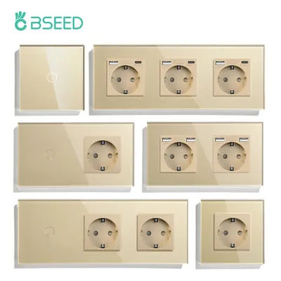 BSEED EU Wall Sockets Single Power Outlet Double Glass Frame USB Type-C Charge Ports Triple Socket Plugs Kids Protection 16A
