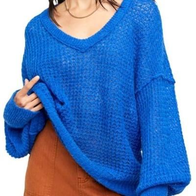 Free People Sweaters | Free People Lulu Oversize V-Neck Sweater Lightweight | Color: Blue | Size: S