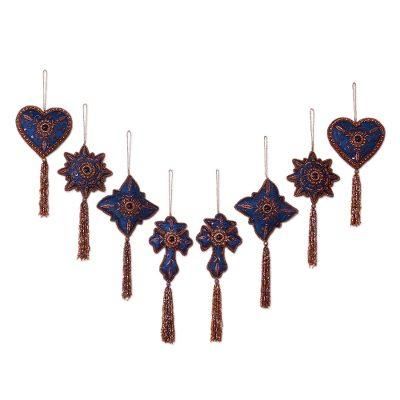 'Teal Splendor' (set of 8) - Artisan Crafted Christmas Ornament Set 8 Beaded Embro