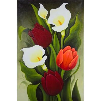 Tulips and Calla Lilies I,'Limited Edition Floral Oil Painting from Mexico'