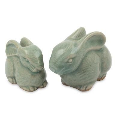 Celadon ceramic figurines, 'Blue Rabbits' (pair)