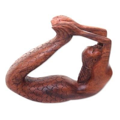 Wood sculpture, 'Dhanurasana Mermaid'