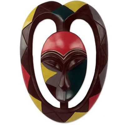 Kwele Mask II,'African Protective Wood Wall Mask Heart Shaped Kwele Art'