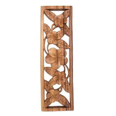 Jepun Wall,'Hand Crafted Suar Wood Floral Relief Panel from Bali'