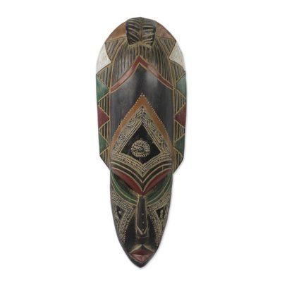 Sese Wood and Aluminum Wall Mask Hand Carved in Ghana 'Obra'