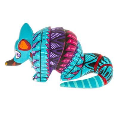 Mexico's Protector,'Painted Alebrije Copal Wood Figurine of Aquamarine Armadillo'