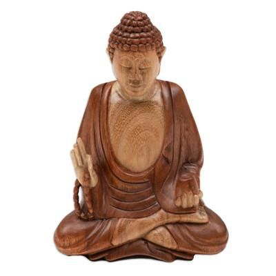 'Balinese Hand-Carved Suar Wood Sculpture of Master Buddha'