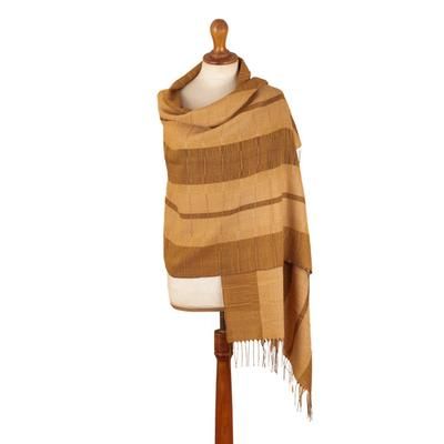 Andean Evening,'Handloomed Soft Brown and Beige 100% Baby Alpaca Shawl'
