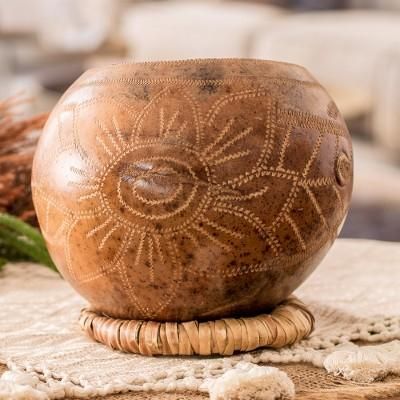 'Hand-Carved Sunflower-Themed Dried Gourd Decorative Accent'