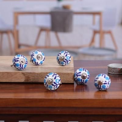 The Forest Blue,'Set of 6 Handcrafted Blue and White Leafy Ceramic Knobs'