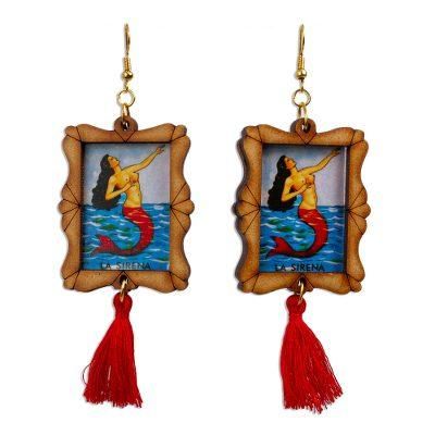 Siren Call,'Handcrafted Mermaid Wood Frame Dangle Earrings with Tassels'