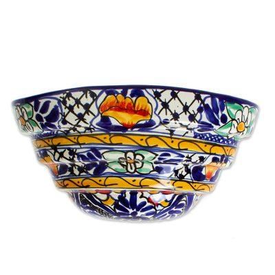 Cobalt Flowers,'Mexican Half Round Talavera Style Ceramic Wall Planter'