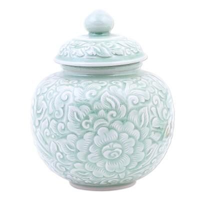 Flower Fairy,'Hand Crafted Celadon Ceramic Floral-Themed Jar'