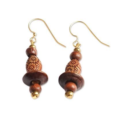 Wooden Garden,'Floral Sese Wood Beaded Dangle Earrings from Ghana'