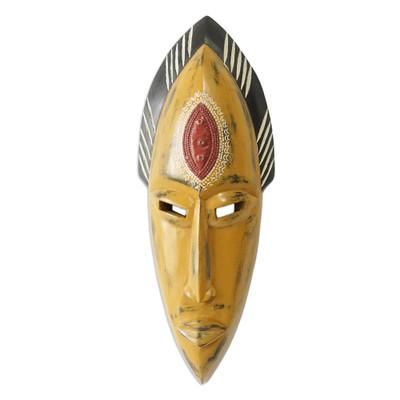 Yellow Beauty,'Handcrafted Yellow Sese Wood Mask with Aluminum Accents'