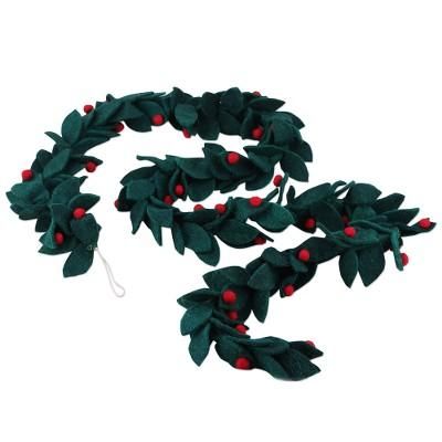 Festive Decorations,'Wool Felt Leaf Holiday Garland in Green and Red from India'