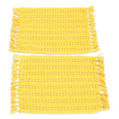 Sunrise,'2 Hand-Woven Fringed Cotton Coasters in Yellow and Orange'