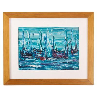 Sailboats in Blue,'Framed Signed Expressionist Blue Oil Painting of Sailboats'
