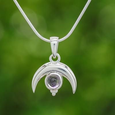 Moon on The Garden,'Moon-Shaped Natural Amethyst Pendant Necklace'