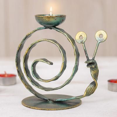 Happy Snail in Green,'Handcrafted Iron Snail Tealight Holder with Antique Finish'
