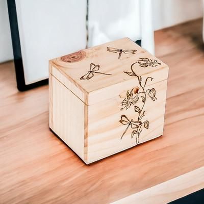 'Carved Floral and Dragonfly-Themed Pinewood Decorative Box'
