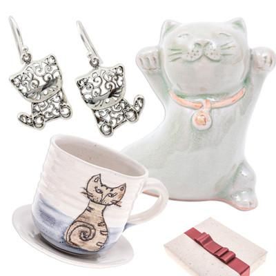 Cat Lover,'Curated Cat Gift Set with Earrings Figurine Cup and Saucer'