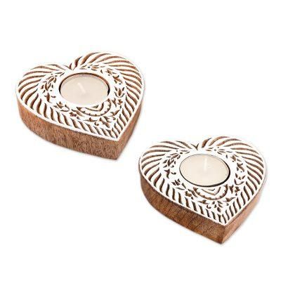 'Heart-Shaped Mango Wood Tealight Holders from India (Pair)'