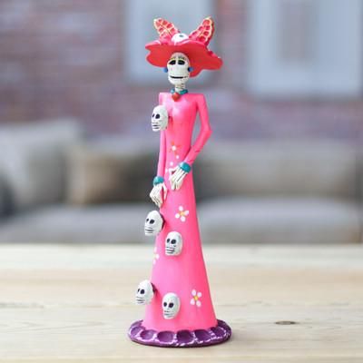 'Hand-Painted Skull Lady Catrina Ceramic Sculpture in Pink'