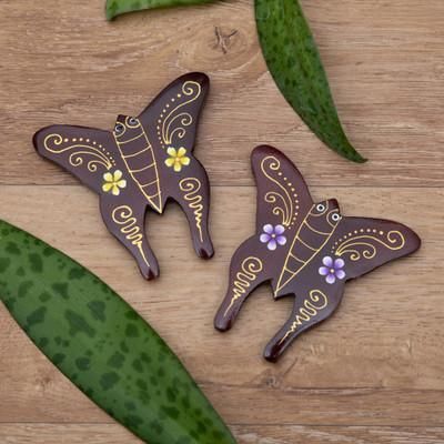 'Set of 2 Hand-Painted Floral Butterfly-Shaped Wood Magnets'