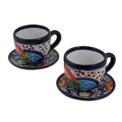Raining Flowers,'Talavera Style Ceramic Cups and Saucers from Mexico (Pair)'