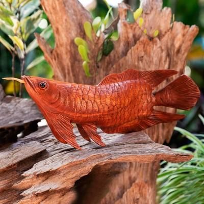 Asian Arowana,'Hand-Carved Suar Wood Arowana Fish Sculpture from Bali'