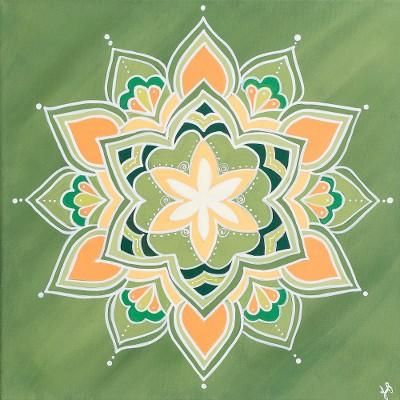 Mandala,'Acrylic Painting of a Lotus Flower Mandala in Green & Orange'
