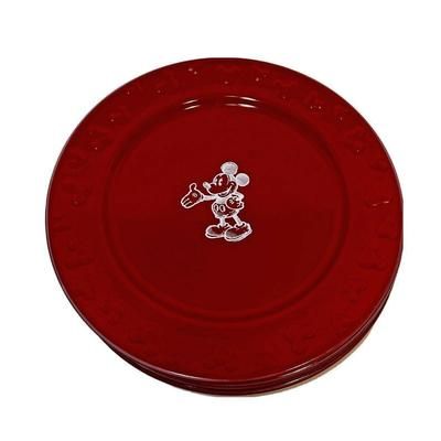 Disney Dining | Disney Parks Gourmet Mickey Mouse Dinner Plate Set 11" Of (4) Red / White Sketch | Color: Red | Size: Os