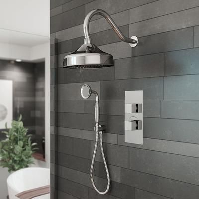 Randolph Morris Tranquil Rainfall Thermostatic Shower Set with Round Showerhead, Gooseneck Handshower, and Square Handles - Chrome RMAS-2TSQ-RRHGN-HSR-C