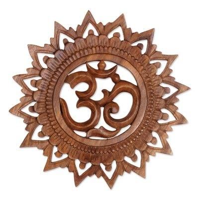 Om Bloom,'Hand Carved Suar Wood Om Relief Panel from Bali'