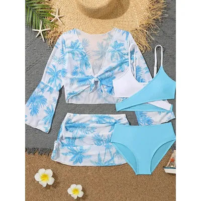 Ensemble 4 pièces haut de bikini et jupe 2026 pour filles, maillot de bain taille haute pour enfants, tenue de plage