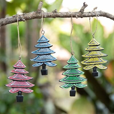 Island's Forest,'Set of 4 Handcrafted Colorful Albesia Wood Tree Ornaments'
