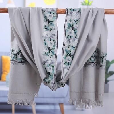 'Rayon-Embroidered Woven Wool Shawl in Grey and Turquoise'