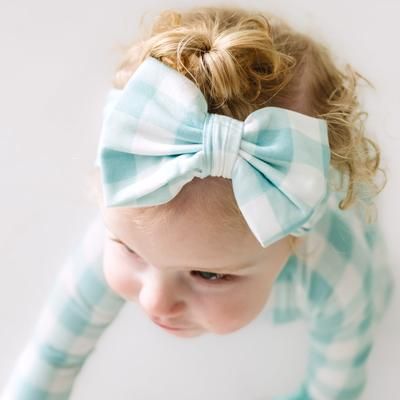 Aqua Gingham Luxe Baby Girl Soft & Stretchy Bamboo Bow Headbands - Newborn - 3T