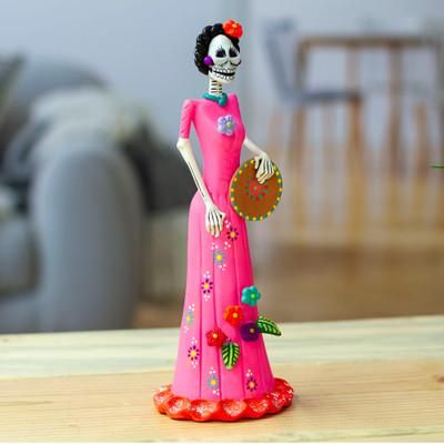 'Hand-Painted Catrina & Plate Ceramic Sculpture from Mexico'